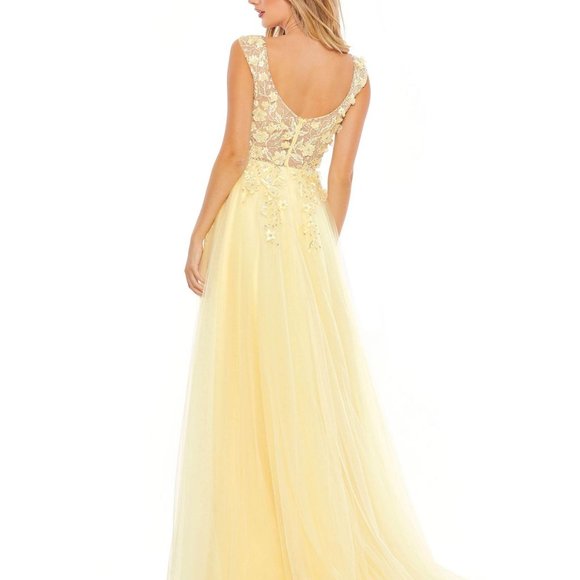 NWT MAC DUGGAL EMBELLISHED ILLUSION BUSTIER A LINE TULLE GOWN YELLOW 12 11201 - Picture 2 of 7